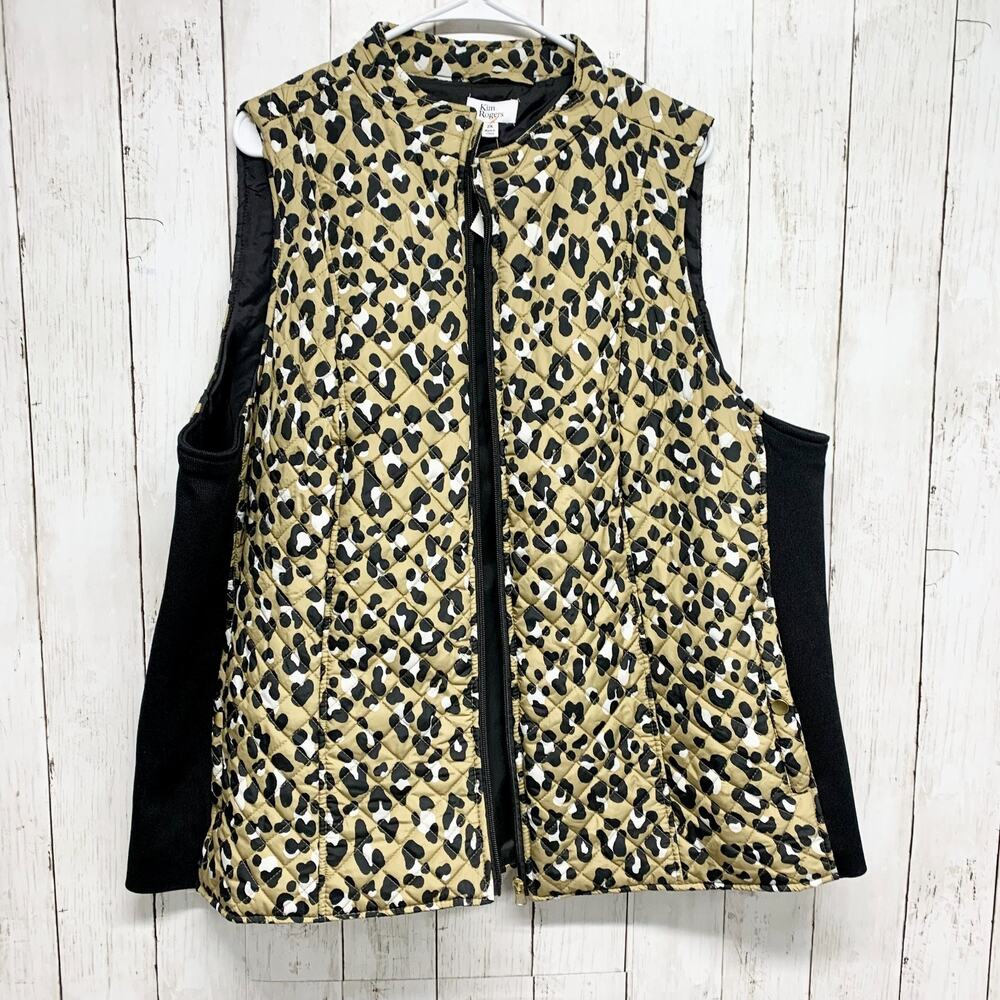 Kim Rogers Vest Women Sz 2X Animal Print Stand Up Collar Quilted Full Zip Pocket